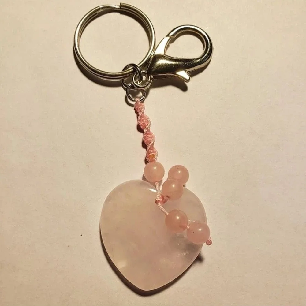 Black‎ Obsidian or Rose Quartz Polished Crystal Heart Stone Keychain - NEW